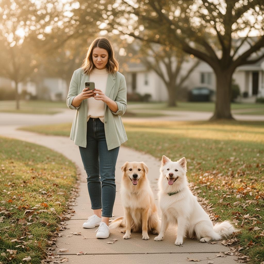 Dog walker checking her phone outdoors with two dogs beside her
